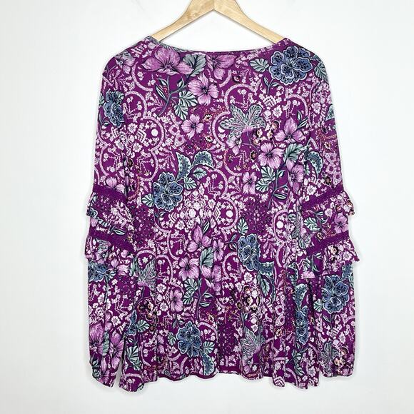 Style & Co Floral Ruffled Peasant Top Pink Womens Size 2X Boho Colorful Mesh - Picture 8 of 8